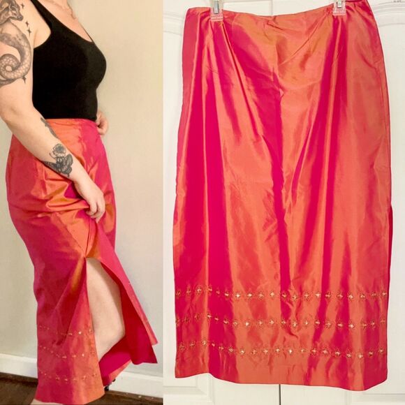 Vtg Y2K Ann Taylor Shot Silk Iridescent Midi Skirt Embellished Size 12 - Picture 1 of 7